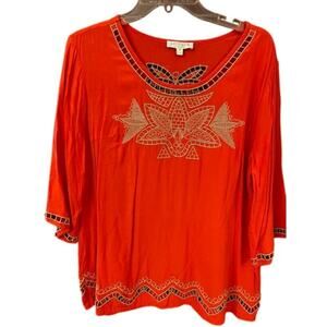 Solitaire Orange Beige XL embroidered tunic 3/4 Sleeves